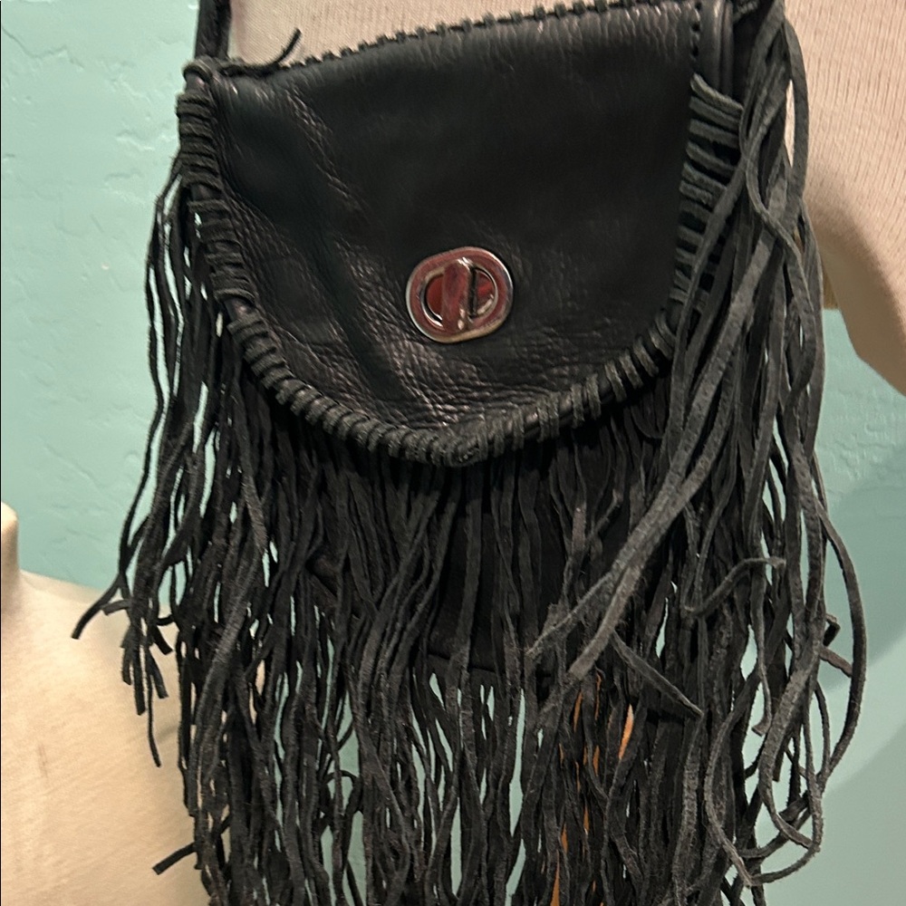 Black Leather Fringe Texan Crossbody Bag - Picture 5 of 15